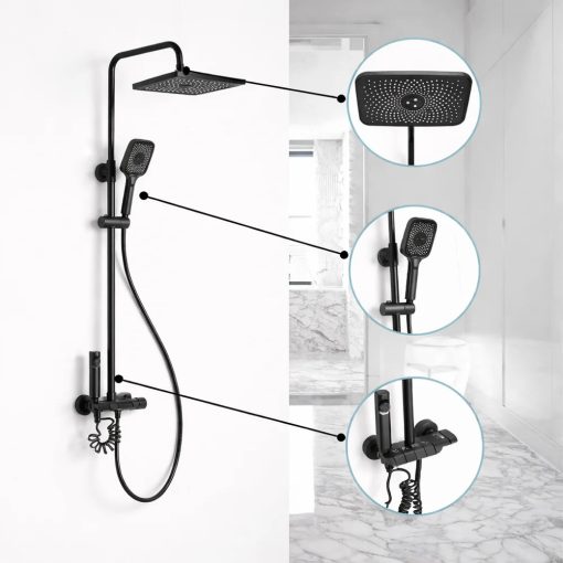 Fekete Esőztetős Zuhanyszett – Kézi Zuhannyal, Termosztátos Csapteleppel